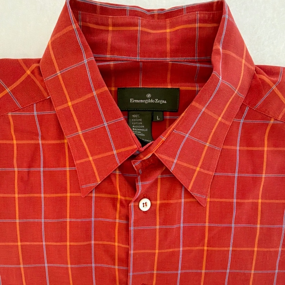 Ermenegildo Zegna Mens Red Windowpane Plaid Cotton Button Down Shirt Large Italy